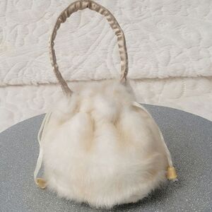 White Faux Fur Purse Drawstring Top Small Bag Satin Lined Rigid Handle Holiday